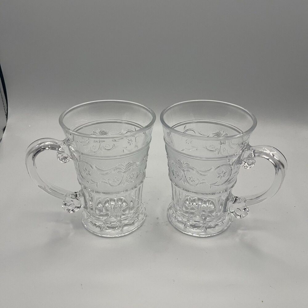 2 Vintage Crystal Clear Industries Trellis Clear Mugs 4 7/8"